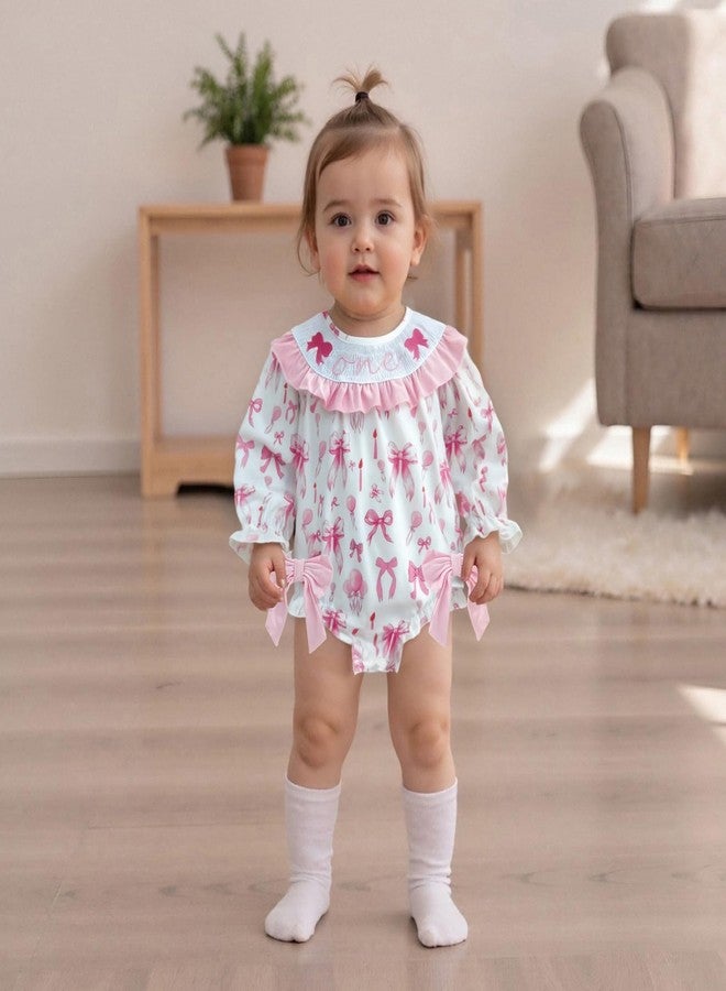 Pudcoco Baby Girls First Birthday Outfit 1st Birthday Romper Coquette Bow Bubble Smocked One Embroidery Ruffle Jumpsuit (Pink Bow Smocked, 12-18 Months) - Image 2