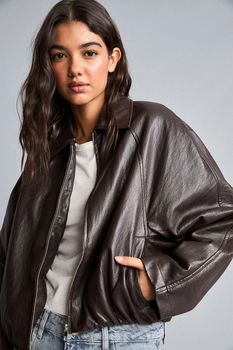 Defacto  Dad Fit Faux Leather Faux Leather Jacket for Women | Best Price UAE