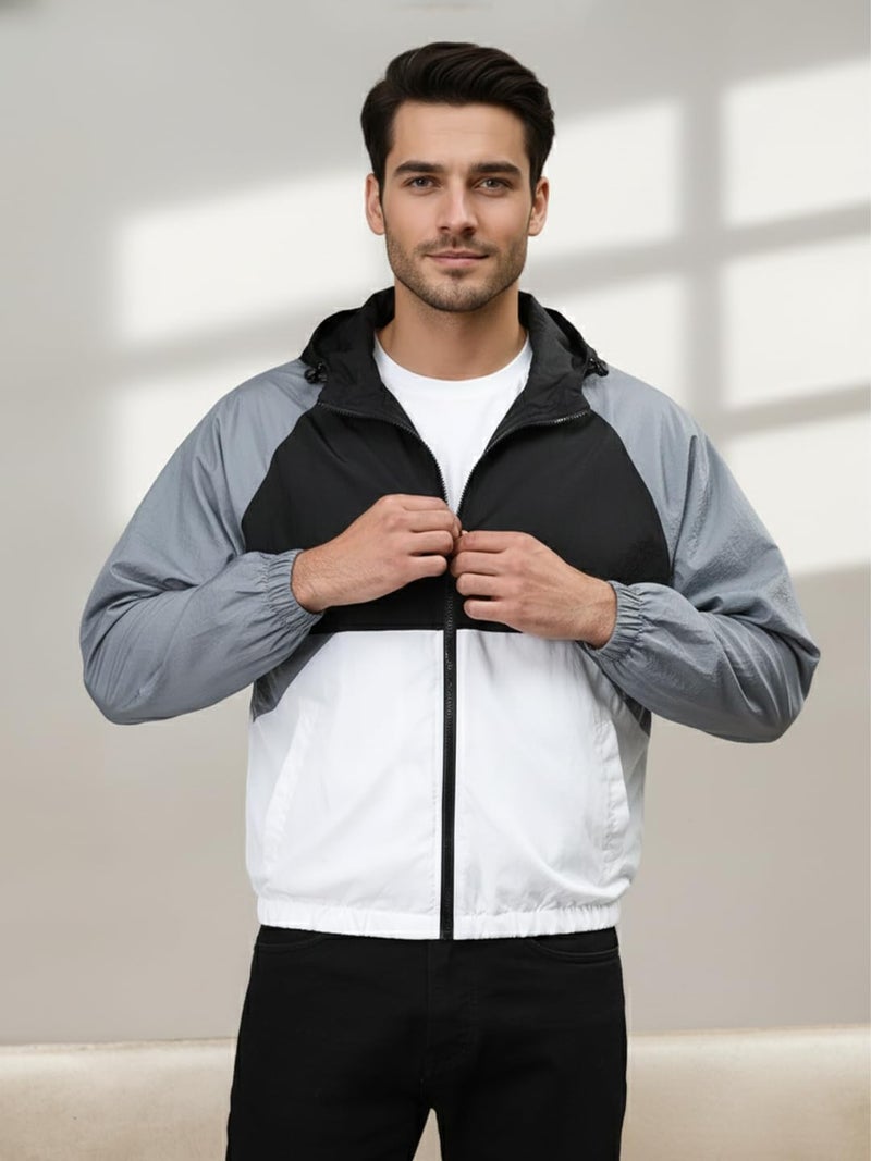 CHKOKKO Mens Stylish Oversized Windcheater Jacket with Zip Closure Lightweight Sportswear for Running Travel Hiking Outdoor and Rainy Season Wear BlackWhiteGREY M - Image 2