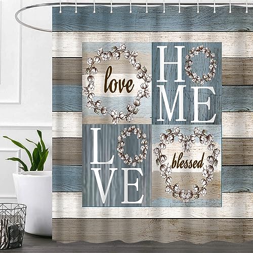 iTapnoom Rustic Floral Flower Sweet Love Home Fabric Shower Curtain Farmhouse Country Vintage Wood Plank Cotton Shower Curtains for Bathroom Decor Waterproof Polyester Durable with 12 Hooks72x72 - Image 1