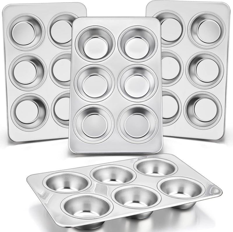 P&P CHEF 6-Cups Muffin Pan, 4-Pcs Stainless Steel Mini Cupcake Pans Muffin Pans Trays, For Cake Tart Brownie Quiche, Healthy & Durable, Easy Clean & Dishwasher Safe - Image 1