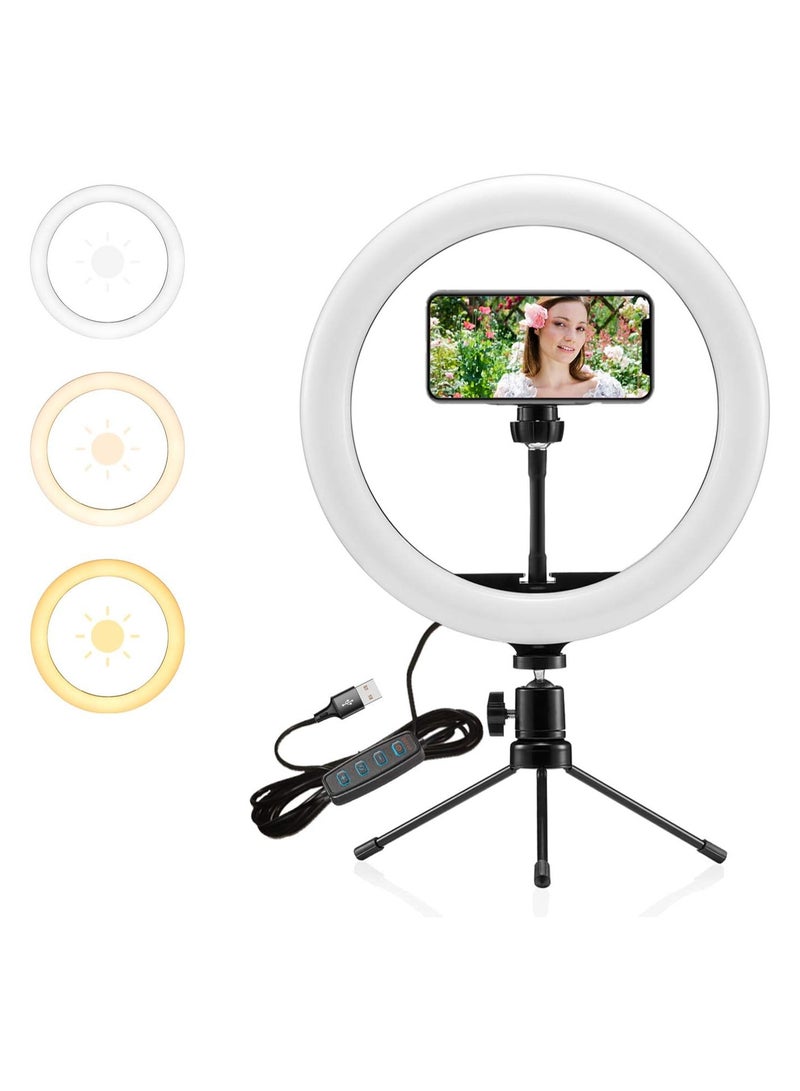 10-Inch Selfie Ring Light with Tripod Stand & Phone Holder – LED Desk Ring Light with 3 Light Modes & 10 Brightness Levels – For Makeup, Photography, Video & Live Streaming - Image 1