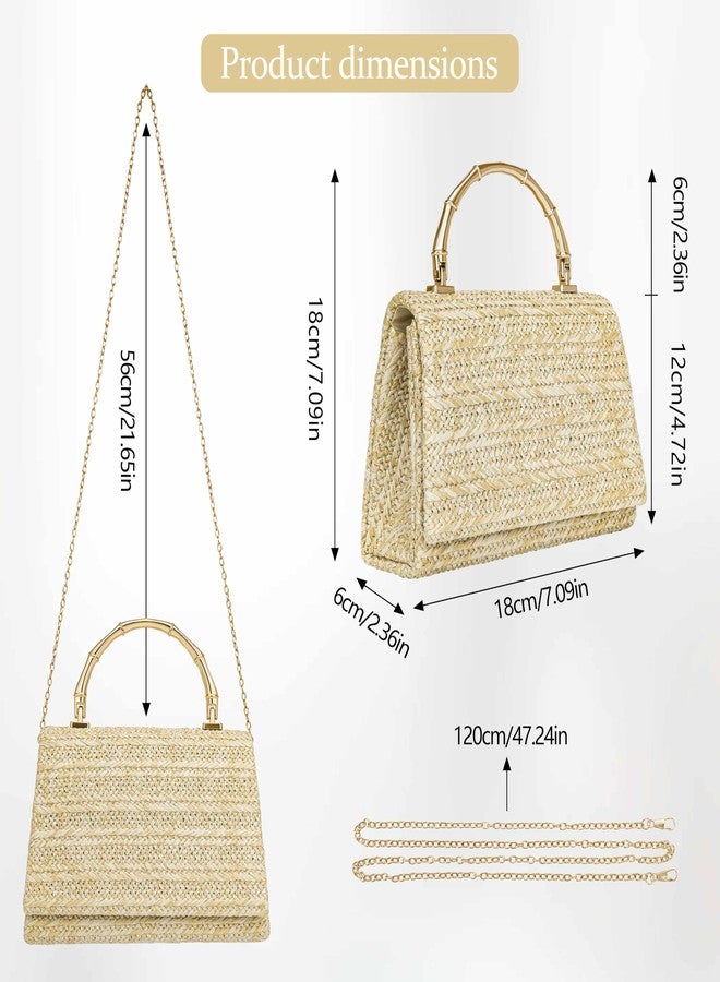 Larcenciel Straw Purses for Women, Summer Woven Top-Handle Evening Handbags w/Bamboo Handle & Chain Strap, Small Boho Beach Clutch Crossbody Party Bags for Wedding Cocktail Prom Vacation,Natural Beige - Image 4