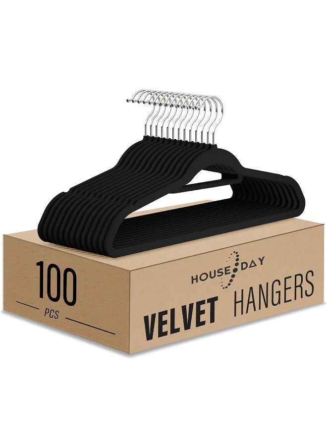 HOUSE DAY - HOUSE DAY Clothes Hangers Pack of 100 Velvet Coat Hangers Black Non-Slip Space Saving Hangers Adult Hangers L16.8 D1/4" - Image 1