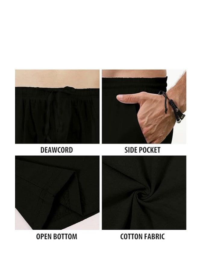 OUYoo Men's Cotton Linen Loose Lightweight Elastic Waist Trouser Yoga Beach Pant Casual Athletic Pants with Pockets  - Image 2
