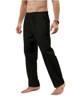 OUYoo Men's Cotton Linen Loose Lightweight Elastic Waist Trouser Yoga Beach Pant Casual Athletic Pants with Pockets  - Image 4