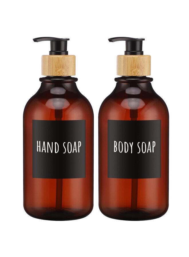 Shampoo Dispenser, 2pcs Empty Refillable Pump Bottle with Labels, 450ml Plastic Press Lotion Dispenser Bathroom Shower Containers for Conditioner Hand Wash Gel Dish Soap  - Image 1