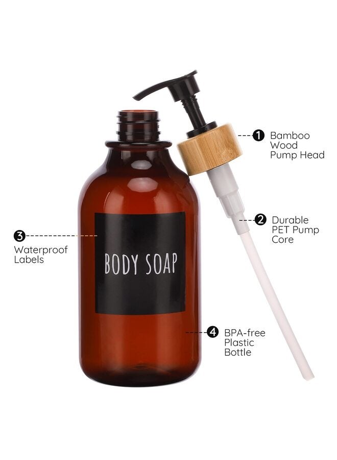 Shampoo Dispenser, 2pcs Empty Refillable Pump Bottle with Labels, 450ml Plastic Press Lotion Dispenser Bathroom Shower Containers for Conditioner Hand Wash Gel Dish Soap  - Image 5
