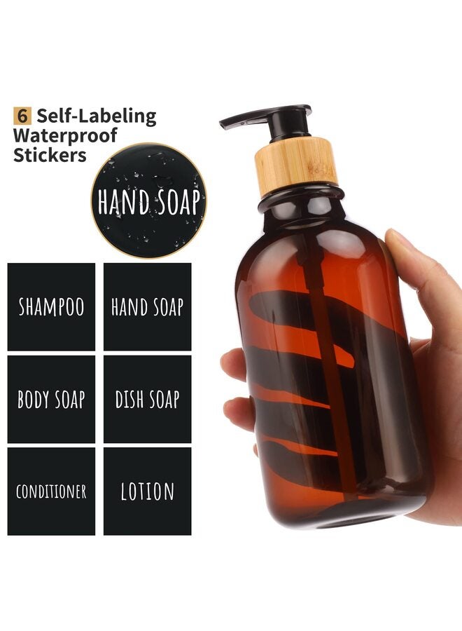 Shampoo Dispenser, 2pcs Empty Refillable Pump Bottle with Labels, 450ml Plastic Press Lotion Dispenser Bathroom Shower Containers for Conditioner Hand Wash Gel Dish Soap  - Image 2