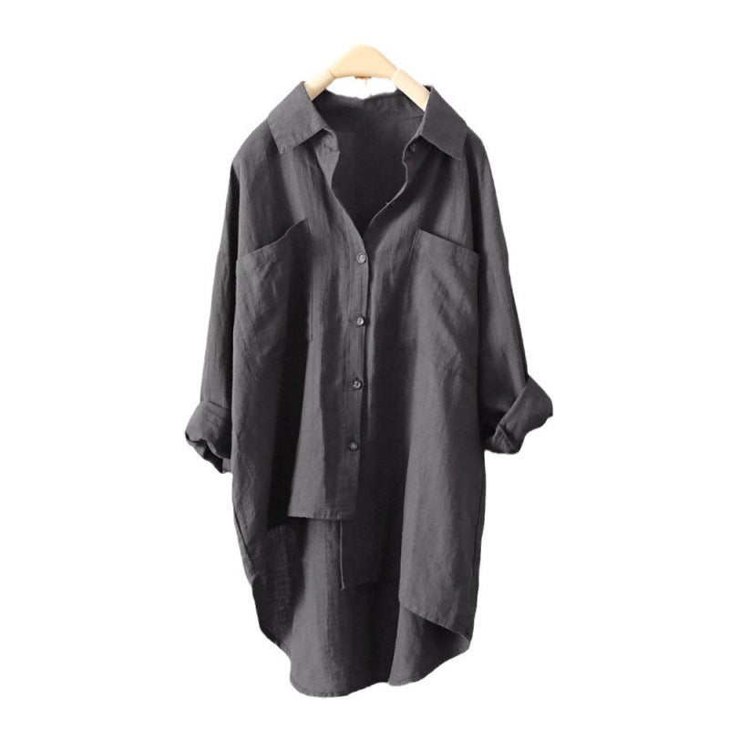 Women's Casual Cotton-Linen Shirt with Pockets, Long Sleeve, Solid Color - Image 4