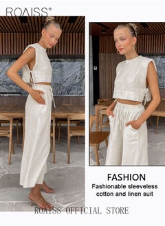 roaiss 2 Piece Women Suit Set Cotton Linen Fabric Sleeveless Vest Top and Loose Wide Leg Trousers Casual Suit Set for Women Loose Fit Design Inclusive for All Body Types Suitable for School and Work  - Image 5