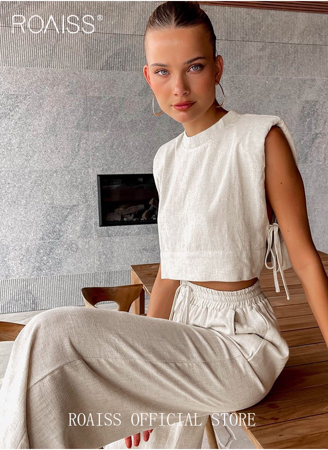 roaiss 2 Piece Women Suit Set Cotton Linen Fabric Sleeveless Vest Top and Loose Wide Leg Trousers Casual Suit Set for Women Loose Fit Design Inclusive for All Body Types Suitable for School and Work  - Image 3
