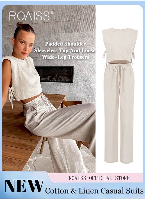 2 Piece Women Suit Set Cotton Linen Fabric Sleeveless Vest Top and Loose Wide Leg Trousers Casual Suit Set for Women Loose Fit Design Inclusive for All Body Types Suitable for School and Work