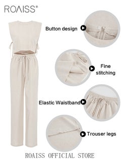 roaiss 2 Piece Women Suit Set Cotton Linen Fabric Sleeveless Vest Top and Loose Wide Leg Trousers Casual Suit Set for Women Loose Fit Design Inclusive for All Body Types Suitable for School and Work  - Image 2