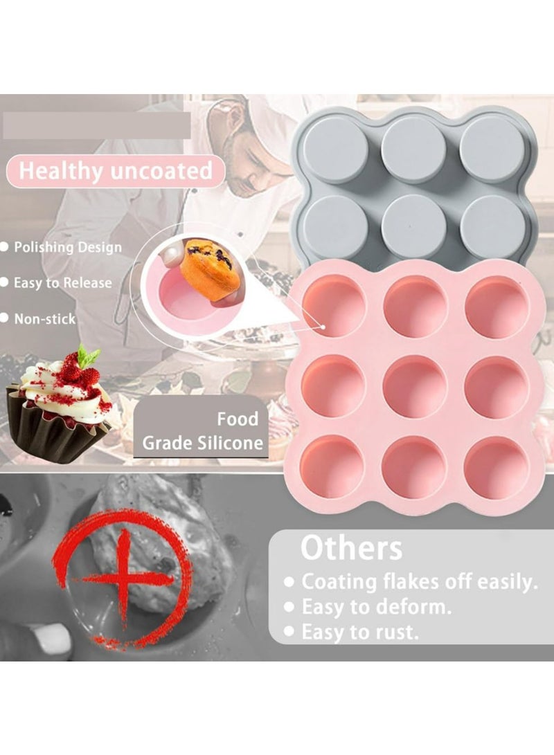 Oasisgalore 2 Pcs Silicone Mini Muffin Pan, 9-Cup Non-Stick Mold in Pink and Gray, Ideal for Muffins, Cakes, Tarts, Breads - Image 3