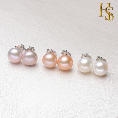 HIGHSPARK 925 Silver Pearl Earrings for Women | 92.5 Sterling Silver & Brilliant Lustre Freshwater Button Pearls | Lovely Gift for Women & Girls - Pearl Peach - Image 2