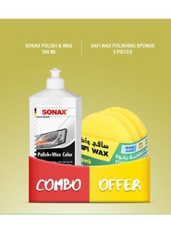 SONAX Sonax Polish+Wax Color 500 ml Car Carnauba Wax For All Standard And Metallic Paint Surfaces -(White) With Safi Wax Wash Dry Sponge 3 Pieces  - Image 1