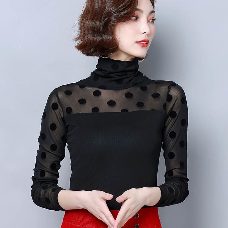 Long Sleeve Round Neck Mesh Base T-Shirt Thin Tight Outer Wear Low Neck Printed Flocking Western Style Top Small Shirt - Image 1