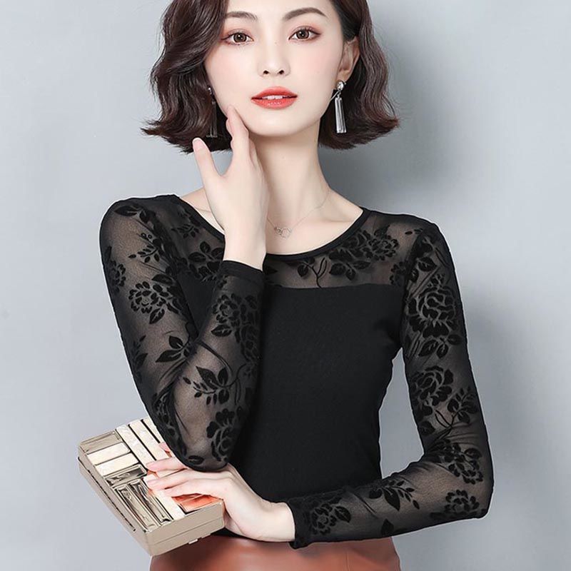 Long Sleeve Round Neck Mesh Base T-Shirt Thin Tight Outer Wear Low Neck Printed Flocking Western Style Top Small Shirt - Image 2