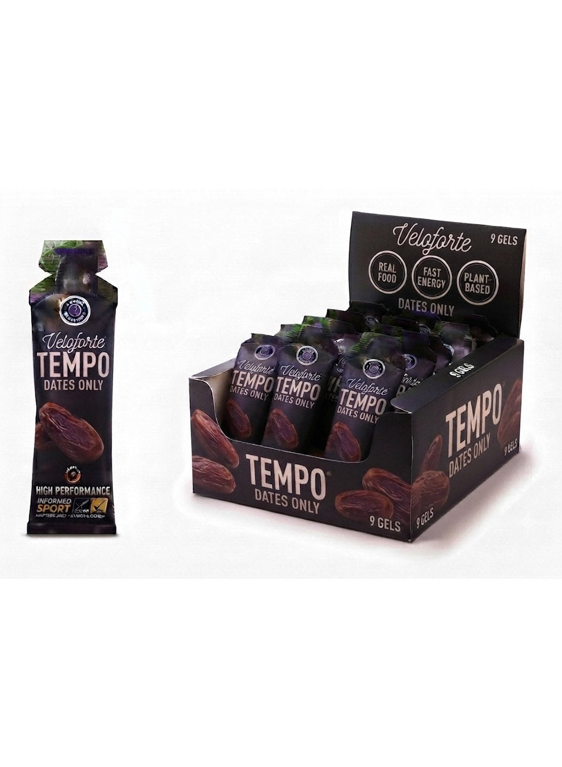 Veloforte Tempo Natural Energy Gel - Date, Lemon & Ginger - 22g Carbs, 110mg Electrolytes, Caffeine Free, Vegan & Gluten Free - 9 x 33g (Pack of 9)