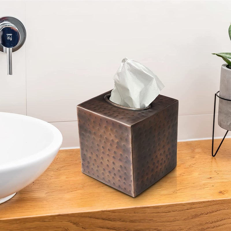Monarch Abode 19627 Hand Hammered Tissue Box Square Cover Holder and Dispenser, Rust-Resistant Tissue Box for Office & Bathroom - Decorative Hand Hammered Tissue Box - Antique Copper Finish - Image 4