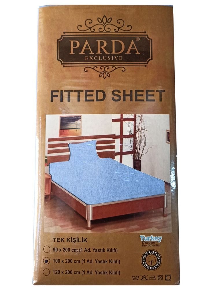 PARDA Turkish Fitted Bedsheet Single 100x200 cm with 1 Pillowcase 50x70 cm Cotton Blue  - Image 2