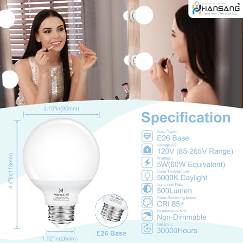 hansang Vanity Light Bulb 5000K Daylight 8 Pack G25 LED Globe Light Bulb for Bathroom Vanity Mirror Decorative,E26 Medium Base, 5W 60W Incandescent Equivalent,500LM,Non-dimmable - Image 2