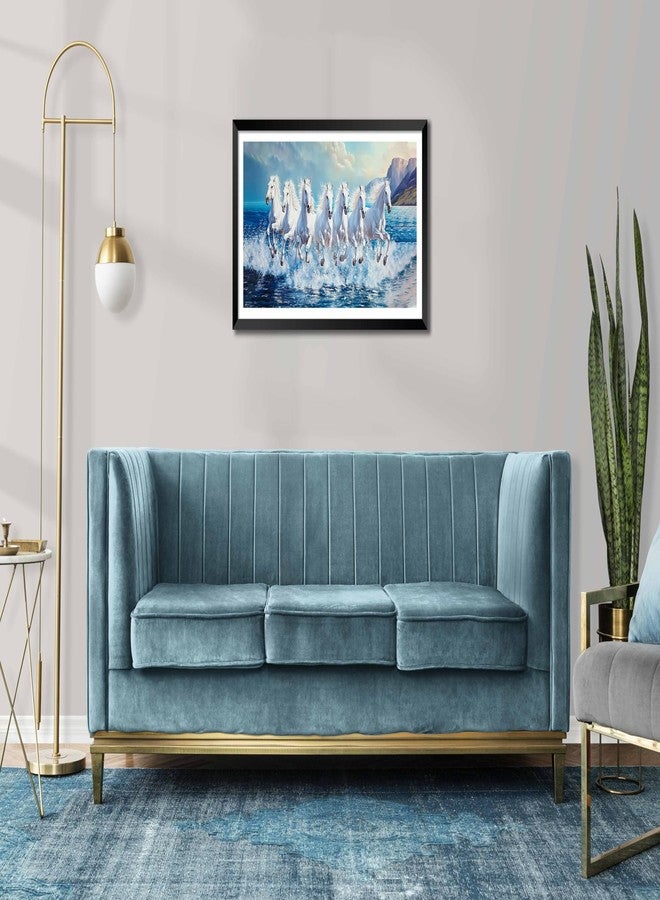 Canvas Pe لوحة قماشية عليها سبعة أحصنة تجري، بتصميم مستوحى من علم الفاستو، مؤطرة، مع سماء زرقاء وماء، مغلفة بطبقة لامعة، مقاس 14×26 بوصة، مناسبة لتزيين غرفة المعيشة أو المكتب. - Image 2