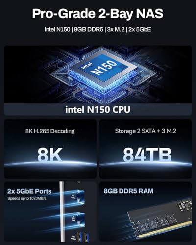 TERRAMASTER تيراماستر F2425 بلس تخزين NAS ثنائي الخانات بمعالج إنتل N150 رباعي النواة 8GB رام DDR5 منفذ LAN 5GbE x 2 فتحة M2 x 3 تخزين متصل بالشبكة للعمل الجماعي خادم وسائط متعددة بدون أقراص - Image 3