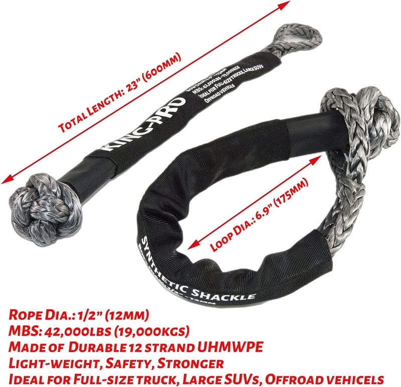 KING-PRO Synthetic Soft Shackle 1/2"x24" Soft Shackle 42,000lbs Breaking Strength Recovery Rope Shackle with Protective Sleeves for Full-Size Truck Large SUVs Offroad Vehicels 2-Pack (Black-Gray) - Image 3