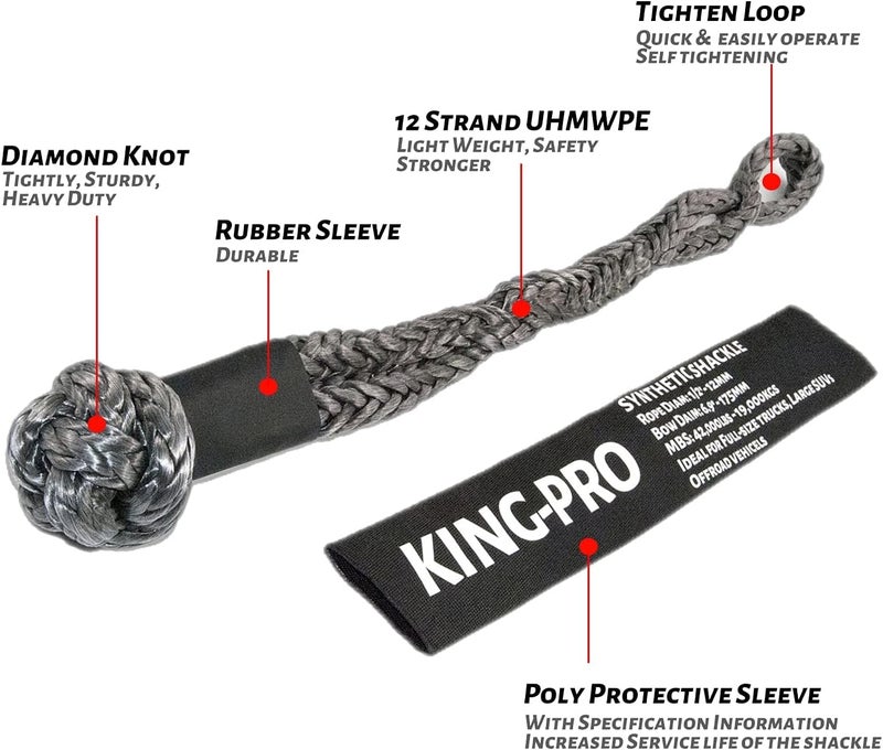 KING-PRO Synthetic Soft Shackle 1/2"x24" Soft Shackle 42,000lbs Breaking Strength Recovery Rope Shackle with Protective Sleeves for Full-Size Truck Large SUVs Offroad Vehicels 2-Pack (Black-Gray) - Image 2