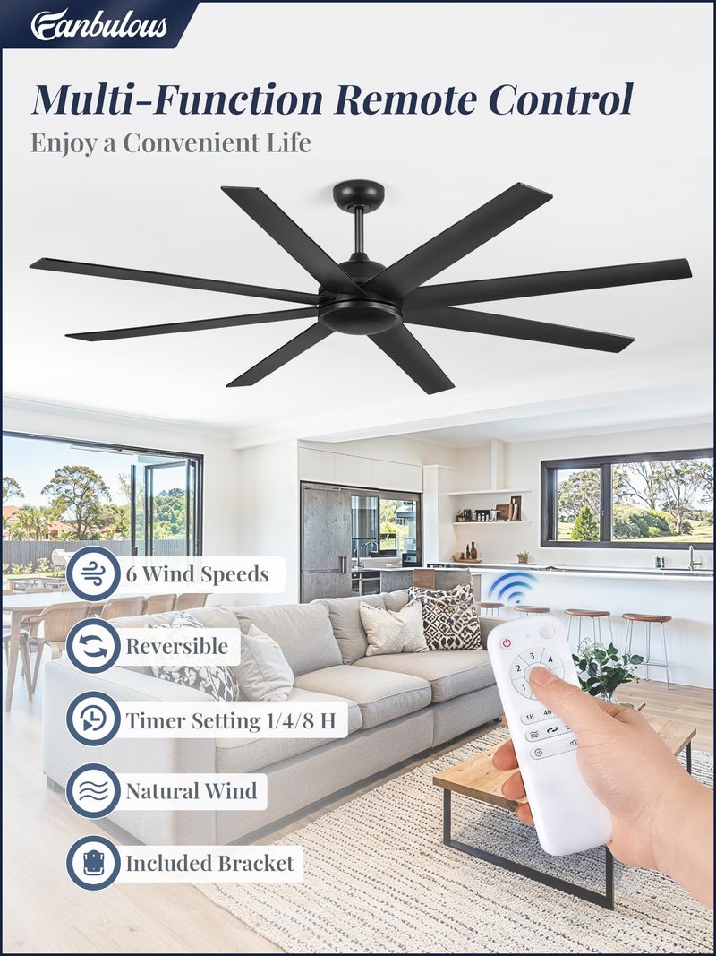 Fanbulous 72 Inch Ceiling Fan no Light, Black Ceiling Fan with Remote, 6-Speeds, Quiet Reversible DC Motor, Industrial Ceiling Fans without Lights for Living Room, Garage, Patio, Indoor/Outdoor Use - Image 3