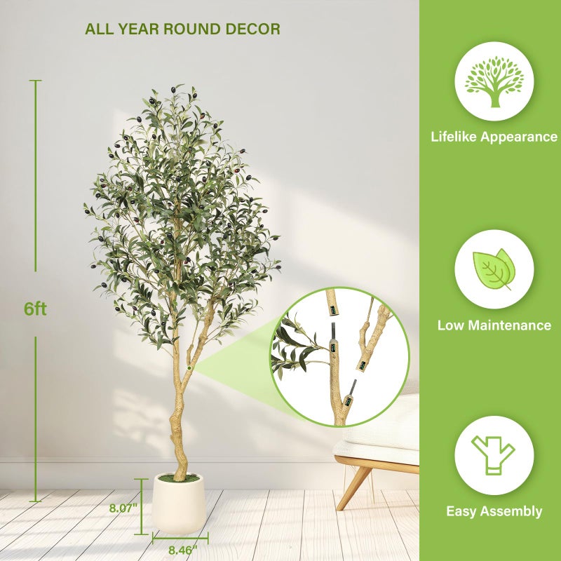 FEELEAD Olive Trees Artificial Indoor 6FT with Planter - Tall Potted Faux Olive Tree, Artificial Plant with Natural Looking Trunk and Lifelike Fruits for Home Office Decor, Weighted Base - Image 3
