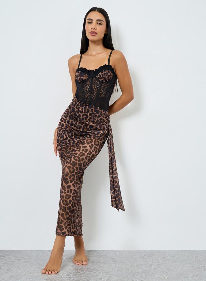 Styli Women Animal Print Maxi Slip Dress with Lace Corset and Brief Set - Image 1