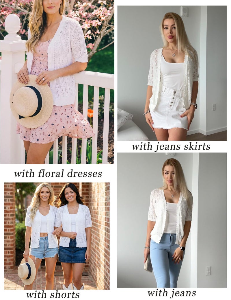 Yekaty Plus Size Short Sleeve Cardigan Sweater Cropped Summer Crochet Cardigan for Women White Lightweight Shrugs - Image 4