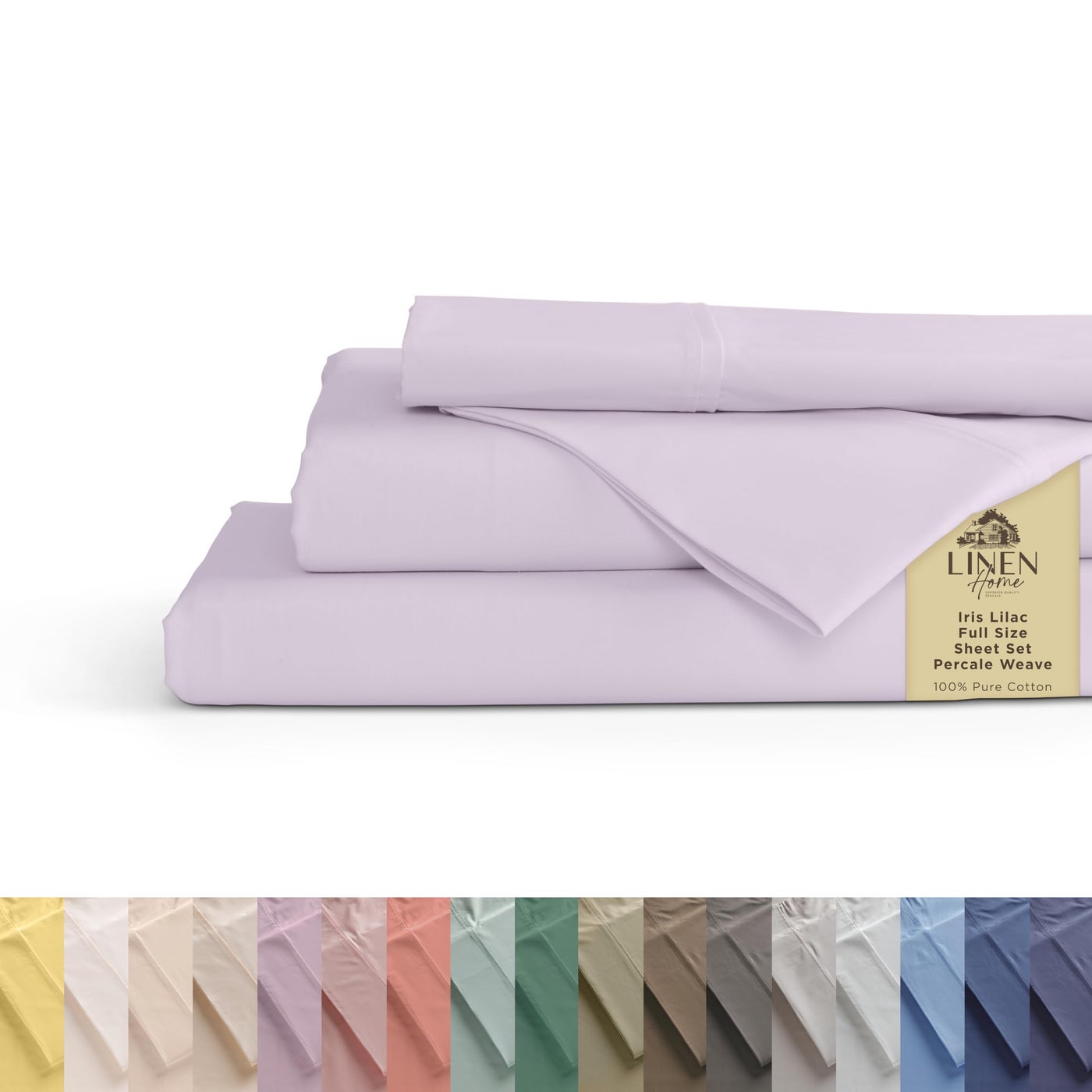 Linen Home 100% Cotton Percale Sheets Queen Size, Iris Lilac, Deep Pocket, 4 Pieces Set - 1 Flat, 1 Deep Pocket Fitted Sheet and 2 Pillowcases, Crisp Cool and Strong Bed Linen