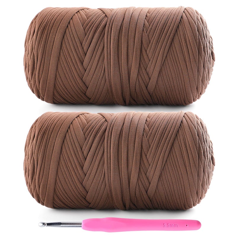 Lpalats 2 Pack T-Shirt Yarn for Crochet - 800 g/260 yds, Coffee, Soft Elastic Fabric, 1 Crochet Hook (2, G/6) - Image 1