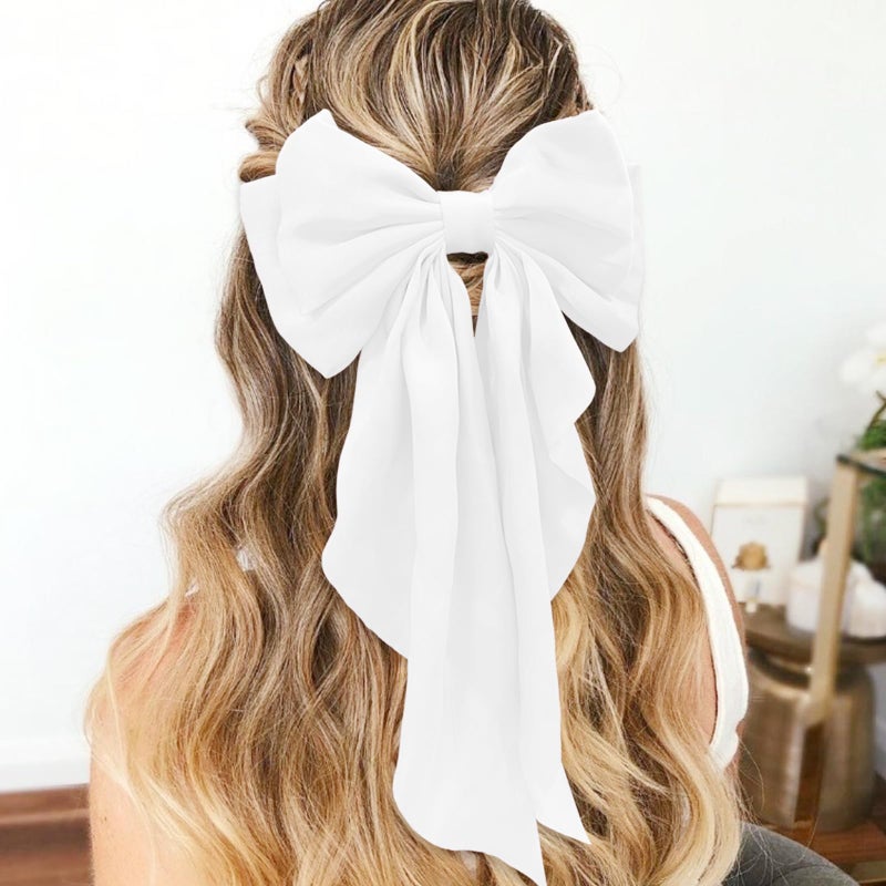 ILLPTA Hair Bow for Girls,Cute Bow Hair Clips for Women Oversized Satin Hair clips Long Ribbon Hair Accessories Gifts for Girl (Pure white) - Image 2