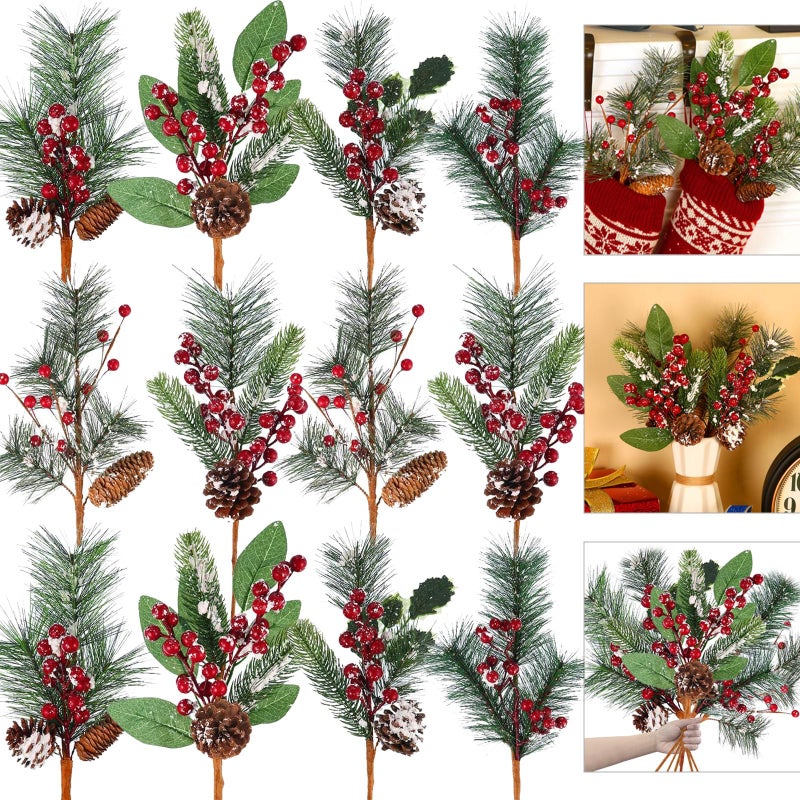Tatuo 12 Pieces 14 Inches Christmas Artificial Picks and Sprays Large Faux Pine Cone Branches Assorted Berry Stem Picks Christmas Tree Decorations Holly Spray Pine for Floral Arrangement Wreaths Vase