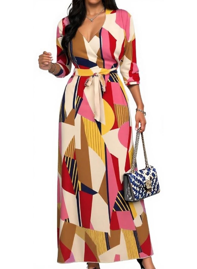 CaniBtr Maxi Dresses for Women Casual 3/4 Sleeve Wrap V Neck Semi Formal Elegant Long Church Dress with Belt, Printed19, XL - Image 1