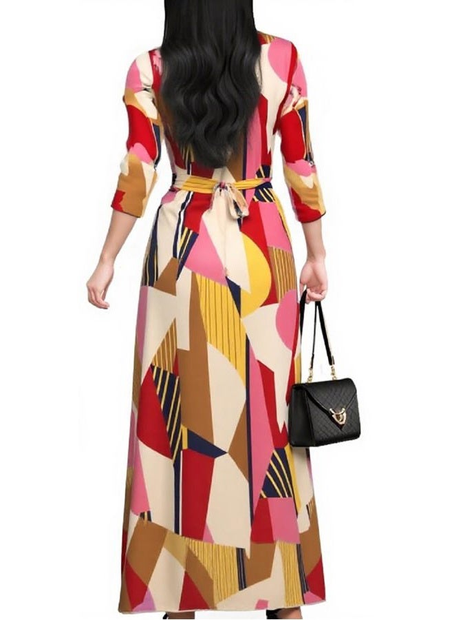 CaniBtr Maxi Dresses for Women Casual 3/4 Sleeve Wrap V Neck Semi Formal Elegant Long Church Dress with Belt, Printed19, XL - Image 2