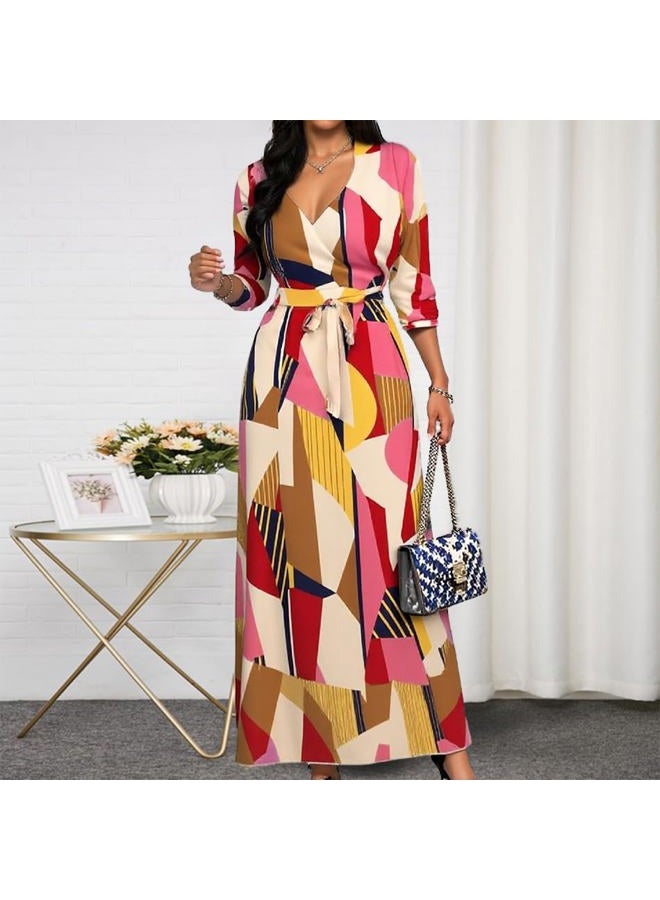 CaniBtr Maxi Dresses for Women Casual 3/4 Sleeve Wrap V Neck Semi Formal Elegant Long Church Dress with Belt, Printed19, XL - Image 3