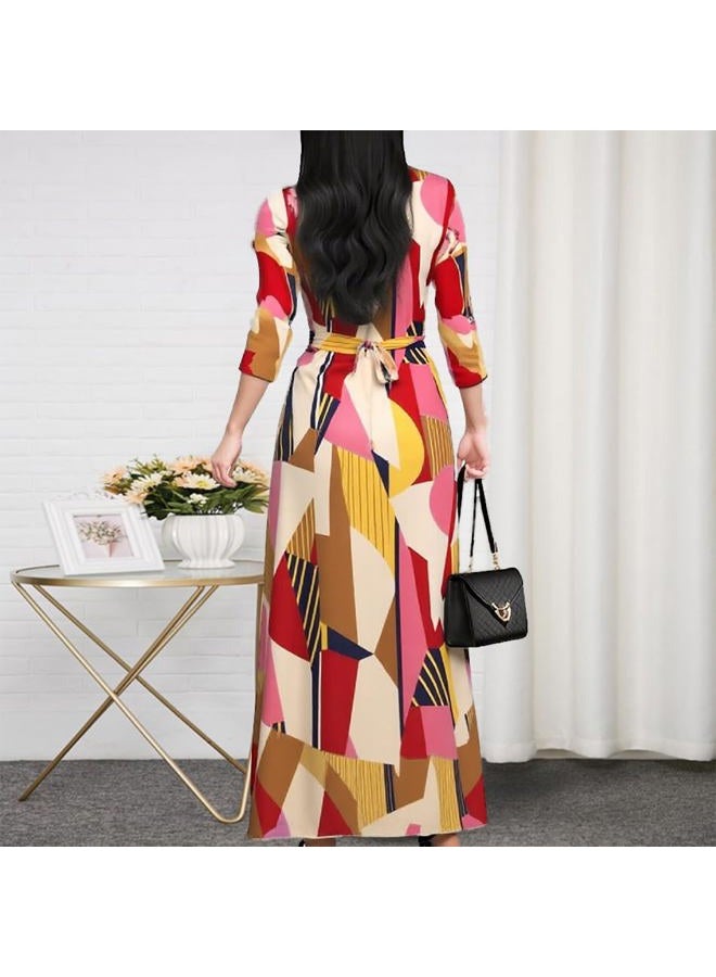 CaniBtr Maxi Dresses for Women Casual 3/4 Sleeve Wrap V Neck Semi Formal Elegant Long Church Dress with Belt, Printed19, XL - Image 5