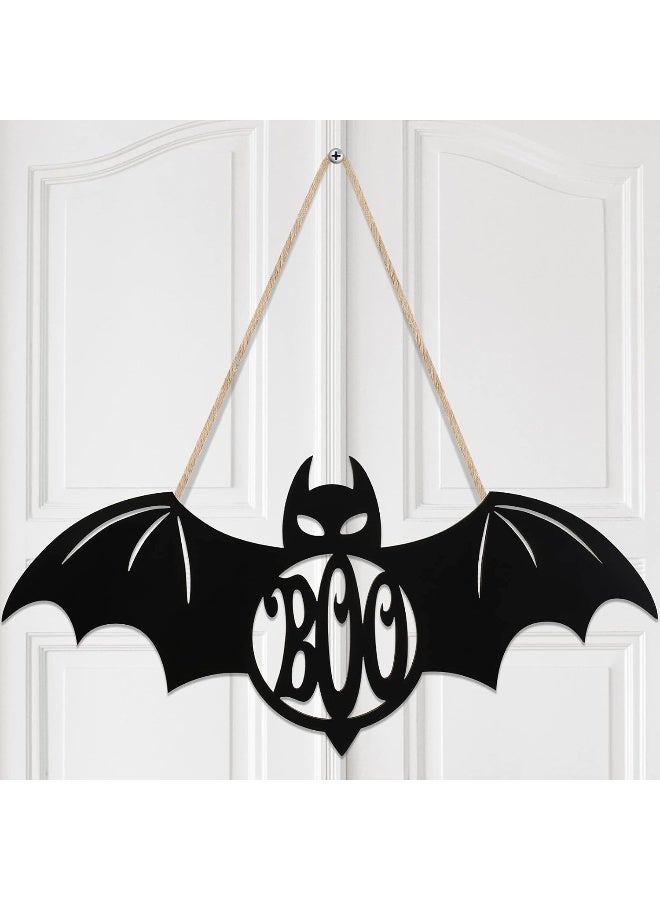 Jetec Jetec Halloween Door Hanger Black Boo Door Sign Decor Round Wood Hanging Sign Personalized Rustic Door Hanger Sign Wooden Halloween Wall Hanging Sign for Home Outdoor Indoor Decoration (Bat Style)  - Image 1