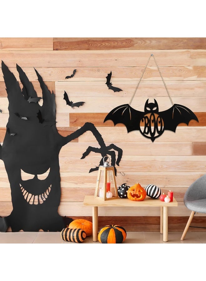 Jetec Jetec Halloween Door Hanger Black Boo Door Sign Decor Round Wood Hanging Sign Personalized Rustic Door Hanger Sign Wooden Halloween Wall Hanging Sign for Home Outdoor Indoor Decoration (Bat Style)  - Image 3