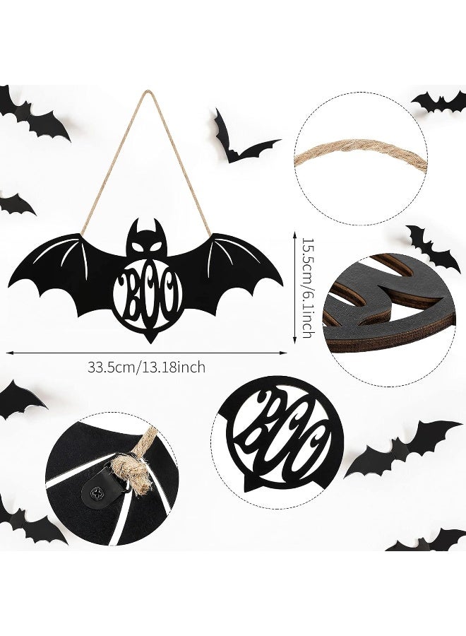 Jetec Jetec Halloween Door Hanger Black Boo Door Sign Decor Round Wood Hanging Sign Personalized Rustic Door Hanger Sign Wooden Halloween Wall Hanging Sign for Home Outdoor Indoor Decoration (Bat Style)  - Image 2