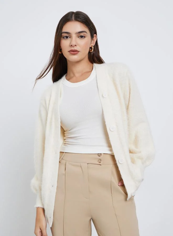 Styli Off White Regular Fit Fuzzy Yarn Cardigan