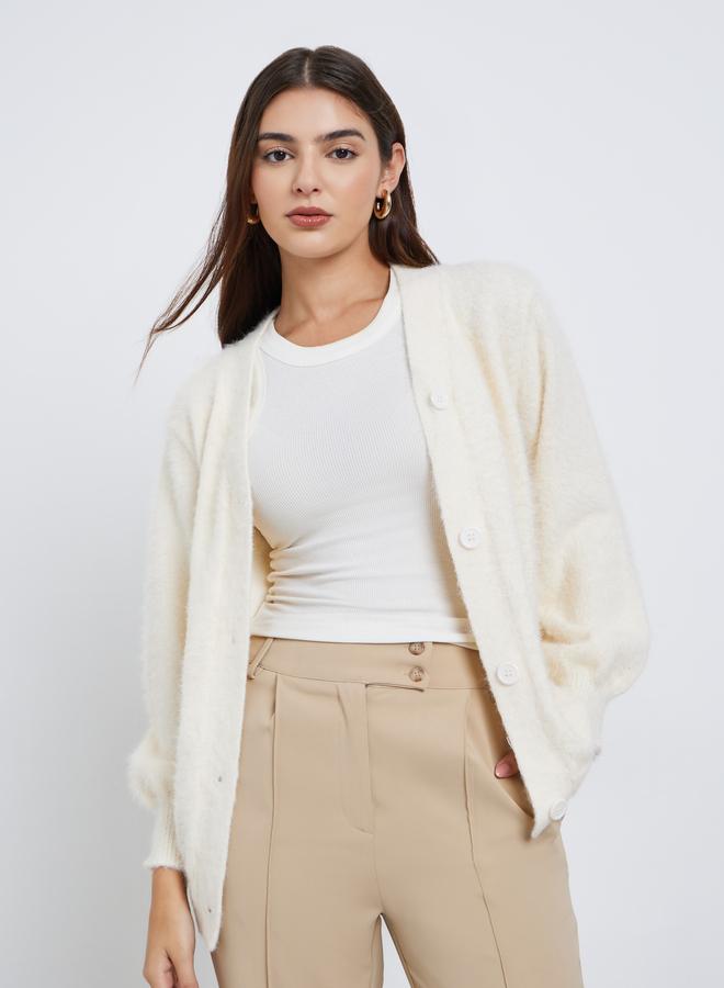 ستايلي كارديجان بقصة عادية مع تفاصيل فرو بنسيج يارن - Image 1
