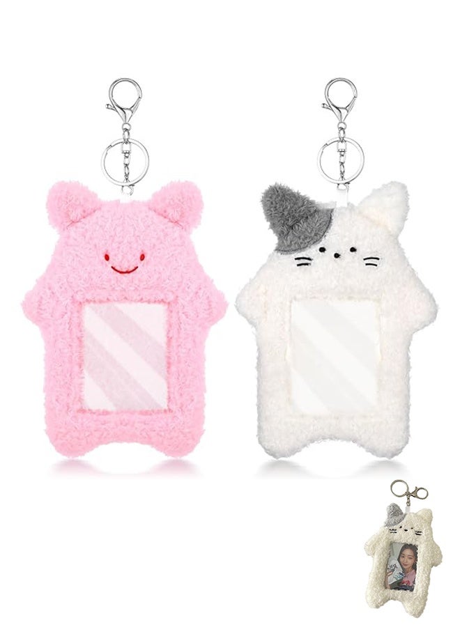 Sweet Life Kpop Photocard Holder Keychain Plush Cartoon 6.3 X 5.12 In, Cute Rabbit Kitten Photocard Holders Keychain, Photo Sleeve Protective for Id Card, Pink, White  - Image 1