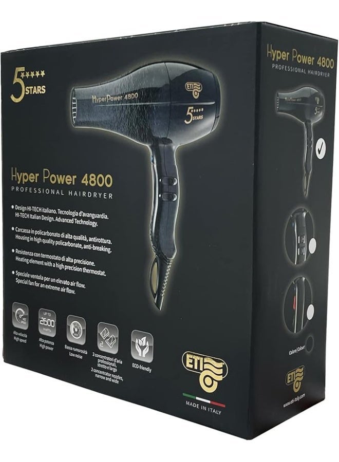 ETI Salon Professional Hair Dryer Hyper Power 4800 Black, Blow Dryer 2200-2600Watt - Made in Italy - Image 1